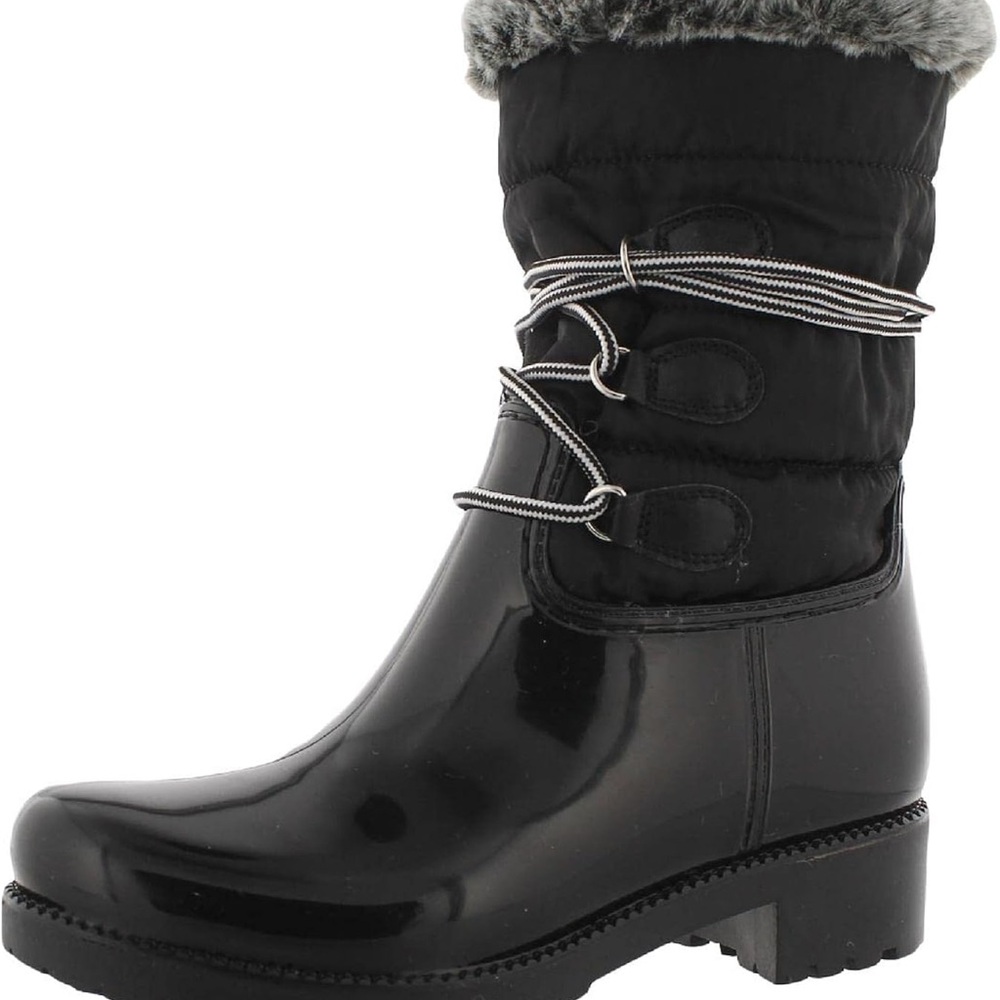 Womens Black Cushioned Waterproof Round Toe Block Heel Rain Boots